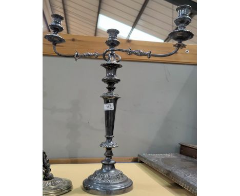 A large silver plated candelabrum of 3 branches; an "Army &amp; Navy" copper heated tray; cutlery; collectors items 