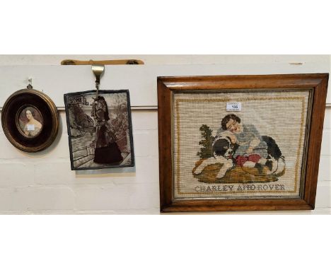 A 19th century needlework panel:  "Charley &amp; Rover"; a miniature female portrait; decorative items 