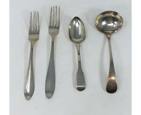 A hallmarked silver sauce ladle, Sheffield 1896; a dessert spoon, London 1819; 2 forks with French markings, 7 oz 
