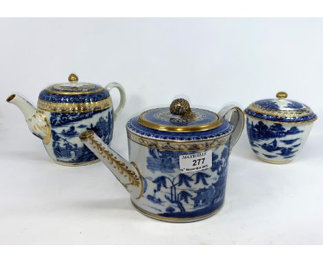 Two blue and white Chinese export tea pots and similar lidded bowl decorated with gilt highlights&nbsp; (Large pot cracked, o