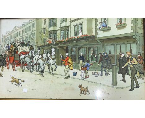 Cecil Aldin:  coaching scene, colour lithograph, 36 x 97 cm; a similar print also after Aldin, oak framed 