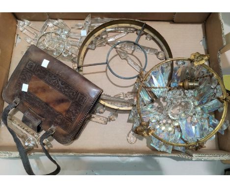 A pendant light fitting with cut glass drops; etc. 