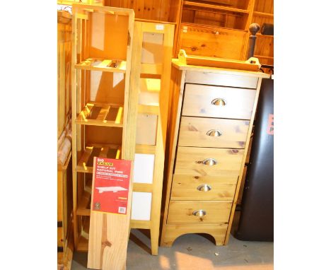 Pine five drawer cupboard, 104 x 46 x 38 cm and an open shelf unit. Not available for in-house P&amp;P, contact Paul O'Hea at