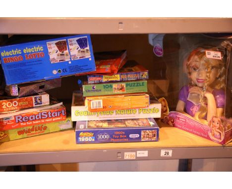 Shelf of mixed children's toys and games including Disney Rapunzel styling head. Not available for in-house P&amp;P, contact 