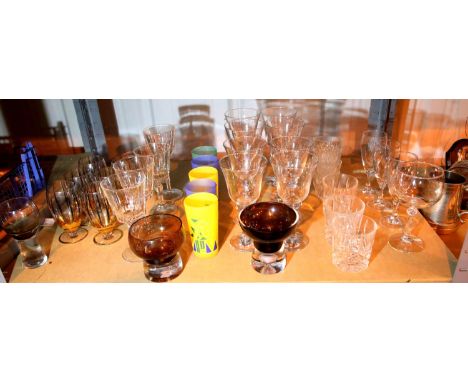 Shelf of mixed glass including lead crystal and coloured glass. Not available for in-house P&amp;P, contact Paul O'Hea at Mai