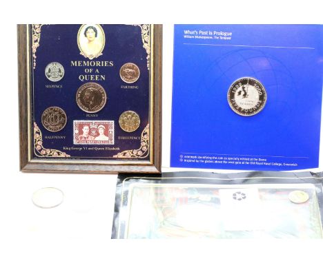 Small quantity of coins including framed and glazed memories of a Queen, world coins and an Elvis collectors coin. P&amp;P Gr