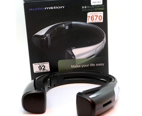 Black Audiomotion X-9 bluetooth speaker stand for iPad/tablet/phone, boxed. P&P Group 1 (£14+VAT for the first lot and £1+VAT