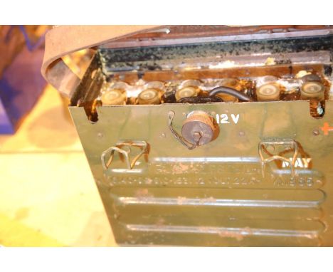 Heavy military lead acid portable 12v battery stamped with broad arrow 1965. Not available for in-house P&amp;P, contact Paul