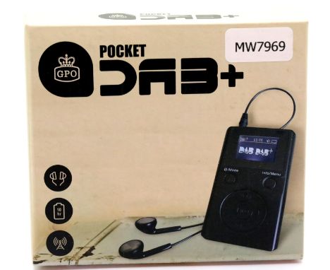 Pocket DAB+ radio with earphones, inbuilt rechargeable battery and an auto adjusting clock, boxed. P&P Group 1 (£14+VAT for t