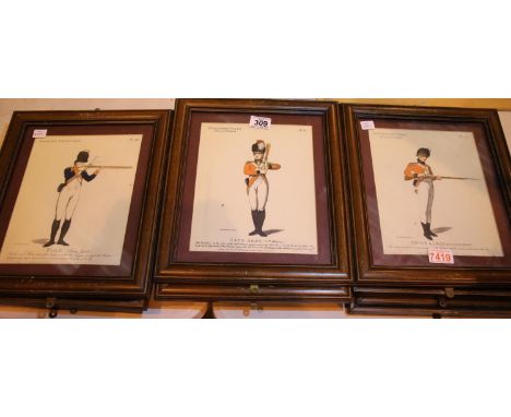 Collection of ten prints of 19th century Volunteers uniforms at different stages of drill, after the originals by Rowlandson 