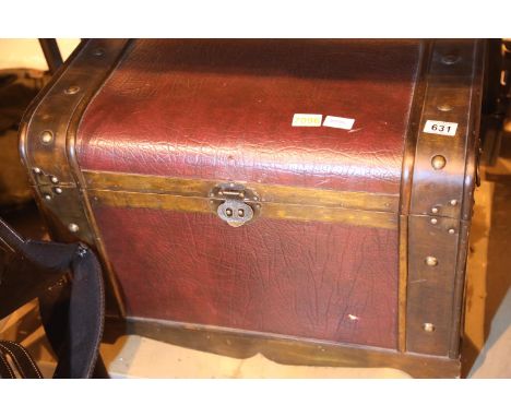 Wood and leather bound trunk, 64 x 36 x 46 cm with catch and side handles. Not available for in-house P&amp;P, contact Paul O