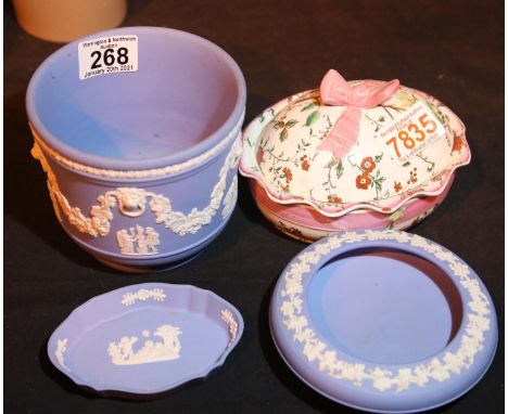 Victorian floral decorative soap dish with date lozenge and three pieces of powder blue jasperware. P&amp;P Group 3 (£25+VAT 