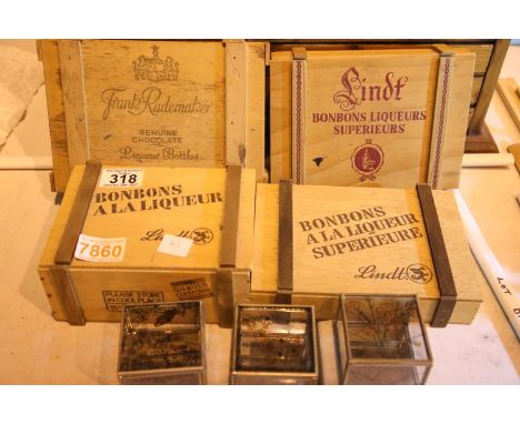 Three wooden confectionery boxes and three glass display boxes. P&amp;P group 2 (£18+VAT for the first lot and £3+VAT for sub