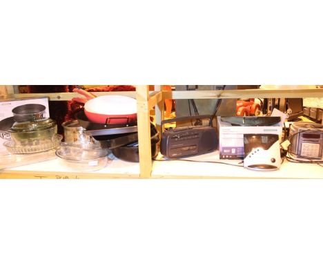 Shelf of mixed kitchen metal and glassware including Pyrex and some electricals. Not available for in-house P&amp;P, contact 