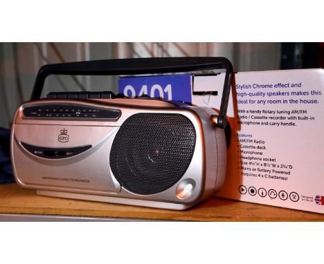 GPO9401 radio cassette recorder with AM/FM radio, boxed. P&P Group 2 (£18+VAT for the first lot and £3+VAT for subsequent lot