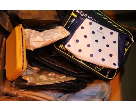 Box of new and used bags and purses including Clarins. P&amp;P Group 3 (£25+VAT for the first lot and £5+VAT for subsequent l