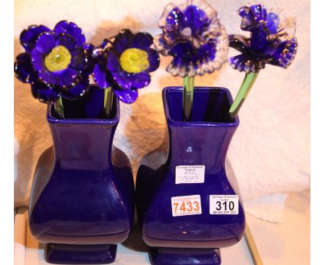 Two blue Sia Collection ceramic vases with glass flowers. Not available for in-house P&amp;P, contact Paul O'Hea at Mailboxes