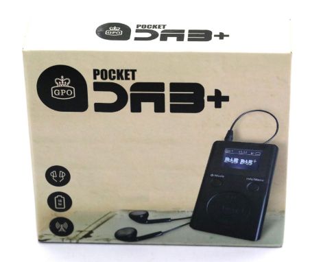 Pocket DAB+ radio with earphones, inbuilt rechargeable battery and an auto adjusting clock, boxed. P&P Group 2 (£18+VAT for t