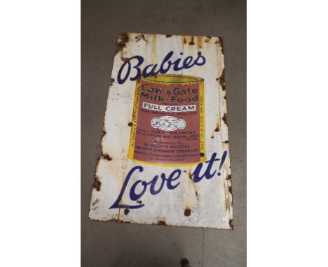An enamel sign, Cow & Gate Milk-Food Babies Love It, having some corrosion damage, enamel losses and rust stains, approx. 155