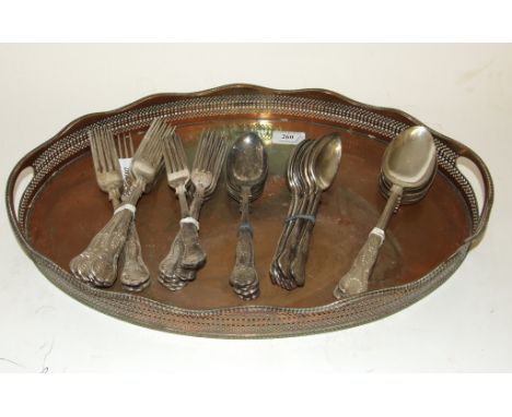 Assorted king's pattern silver plated cutlery, other cutlery, a plated tray, and other plated items (2 boxes)