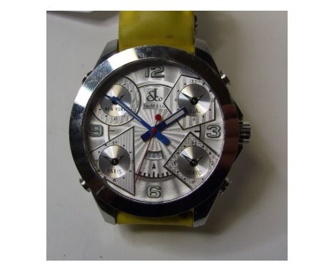 A gentleman's stainless steel Jacob & Co wristwatch, the silvered dial with calendar aperture and displaying five time zones,