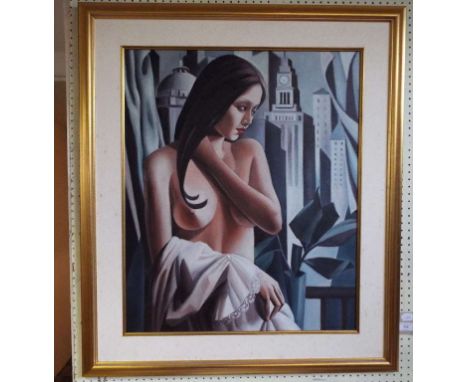 Li Hai Feng, The Bund, a life study of a lady, oil on canvas board, signed, with a J R Guettinger Gallery Hong Kong label to 