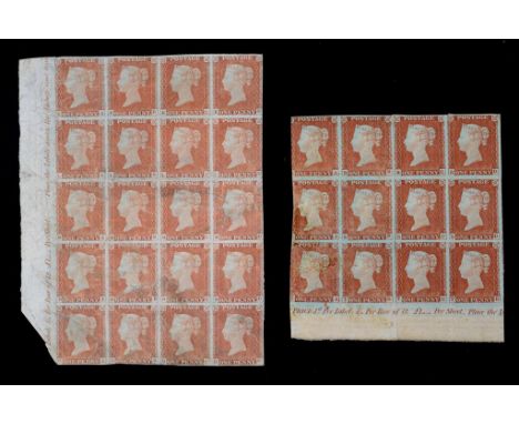 A block of 20 penny red stamps, with attached border strip 'Labels 1/- Per Row of 12 £1 Per Sheet......Place the Labels ABOVE