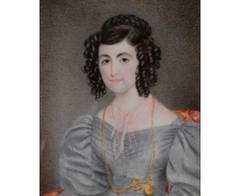 A 19th century half length portrait miniature, of a lady with ringlets, wearing a gold chain and fob watch, watercolour, 9.5 