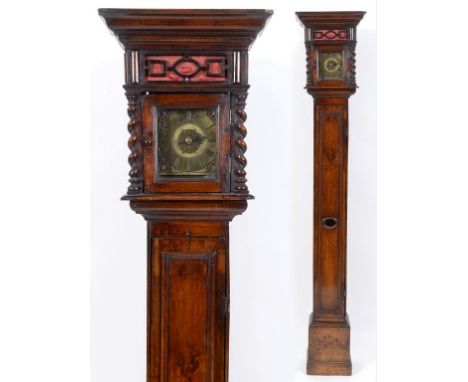 A longcase clock, of unusually slender form, the 16 cm square brass dial with alarum disk, and having Roman numerals, fitted 