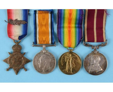 A group of four medals, comprising a WWI trio, with 1914 Star, and a Meritorious Service Medal, awarded to S-21708 Cpl ASQM S