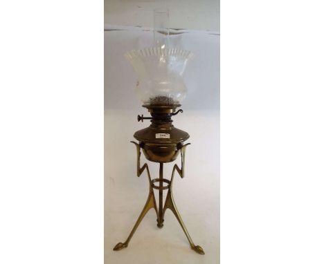 A Benson style brass oil lamp, with etched glass shade, 66 cm high