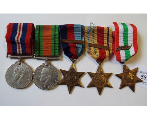 A group of five medals, comprising a War Medal, Defence Medal, a 1939-1945 Star, an Italy Star and an Africa Star (8th Army),