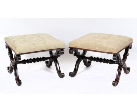 A pair of late Regency rosewood X frame stools, 53 cm wide (2)  See illustration   Condition report  Report by GHSome very li