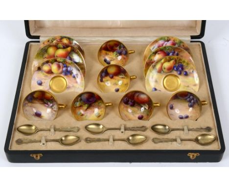 A set of six Royal Worcester cabinet cups and saucers, painted fruit, signed W H Austin, J Flexman, H A Price and others, wit