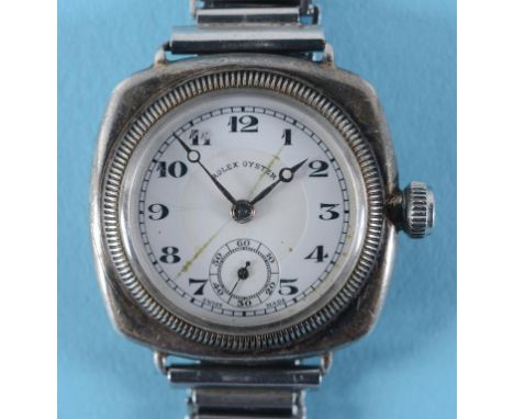 A gentleman's silver Rolex wristwatch, the enamel dial with Arabic numerals and subsidiary seconds dial, in a shaped square c
