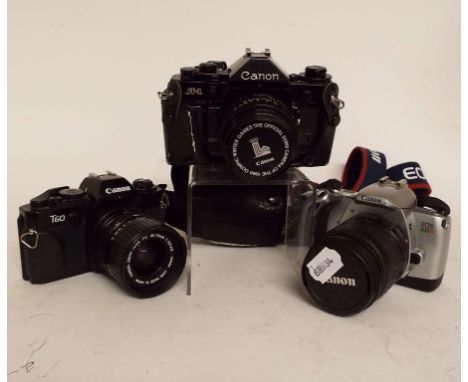 A Canon A-1 camera, a Canon T60 camera, a Canon EOS 300V camera, lenses and items (box)