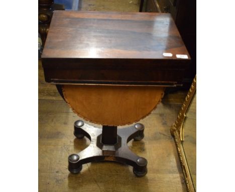 A Victorian rosewood work table, the fold over top inlaid for chess, 49.5 cm wide