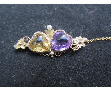 9ct Gold pin brooch set with heart shaped amethyst, citrine &amp; seed pearl stone