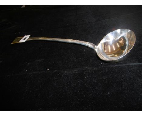 A WILLIAM IV PERIOD FIDDLE AND THREAD PATTERN SILVER SOUP LADLE, SILVERSMITH WILLIAM EATON LONDON 1833 WITH ARMORIAL CREST