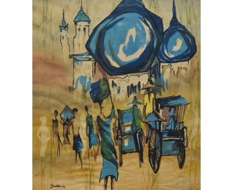 20th Century, print on material, A batik style print depicting water carriers on a busy street, signed 'Sulema', displayed wi