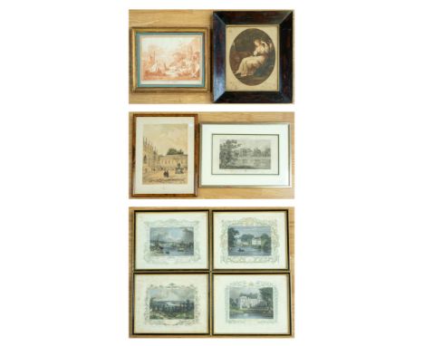  A collection of 19th century coloured prints / engravings to include; a framed and glazed engraving of Quorndon (sic) Hall w