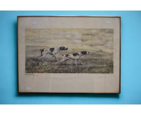 Leon Danchin (French, 1887-1938), Pointers in field,  etching, 65cm x 33cm approx, signed below etching lower left, framed an