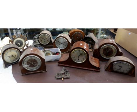 A collection of 8 day mantle clocks, 1920s to 1950s including cuckoo clock.