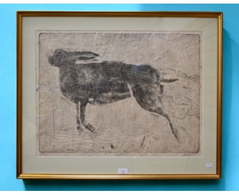 Brent Millar (b.1950-; Scottish); Lepus, etching of a running hare on paper, pencil signed Artists Proof, framed and glazed, 