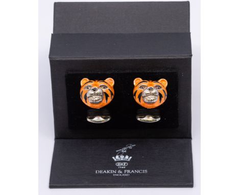 Deakin & Francis - a pair of silver and enamel novelty cufflinks, modelled as tiger heads, each approx 18mm, fived swivel fit