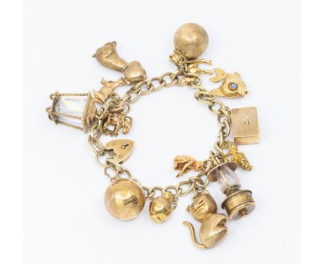 A 9ct gold charm bracelet, links marled 375, width approx 5mm, with padlock clasp, length approx 18cm, suspending various 9ct