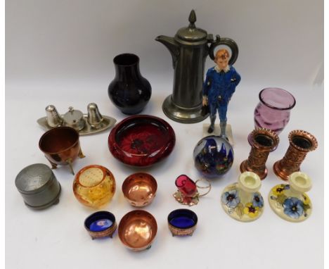 A group of items to include a Moorcroft Cornflower Flambe bowl c1925 (AF), a Moorcroft Cornflower Flambe vase c1925 (flake to