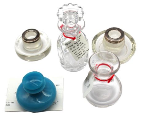 A collection of glassware comprising French pale blue opaline glass scent bottle and stopper c1840 height approx 6cm minor ch