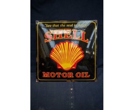  A REPRODUCTION square shaped enamel 'See that the seal is intact' Shell Motor Oil square enamel advertising sign, red and ye
