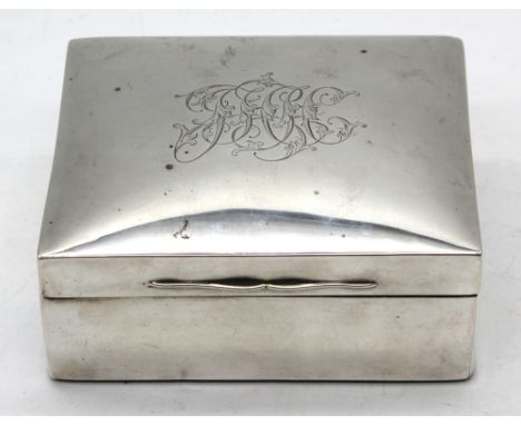 An Edwardian silver small rectangular cigarette box, cedarwood interior with engraved initials to cover, with leather base, h